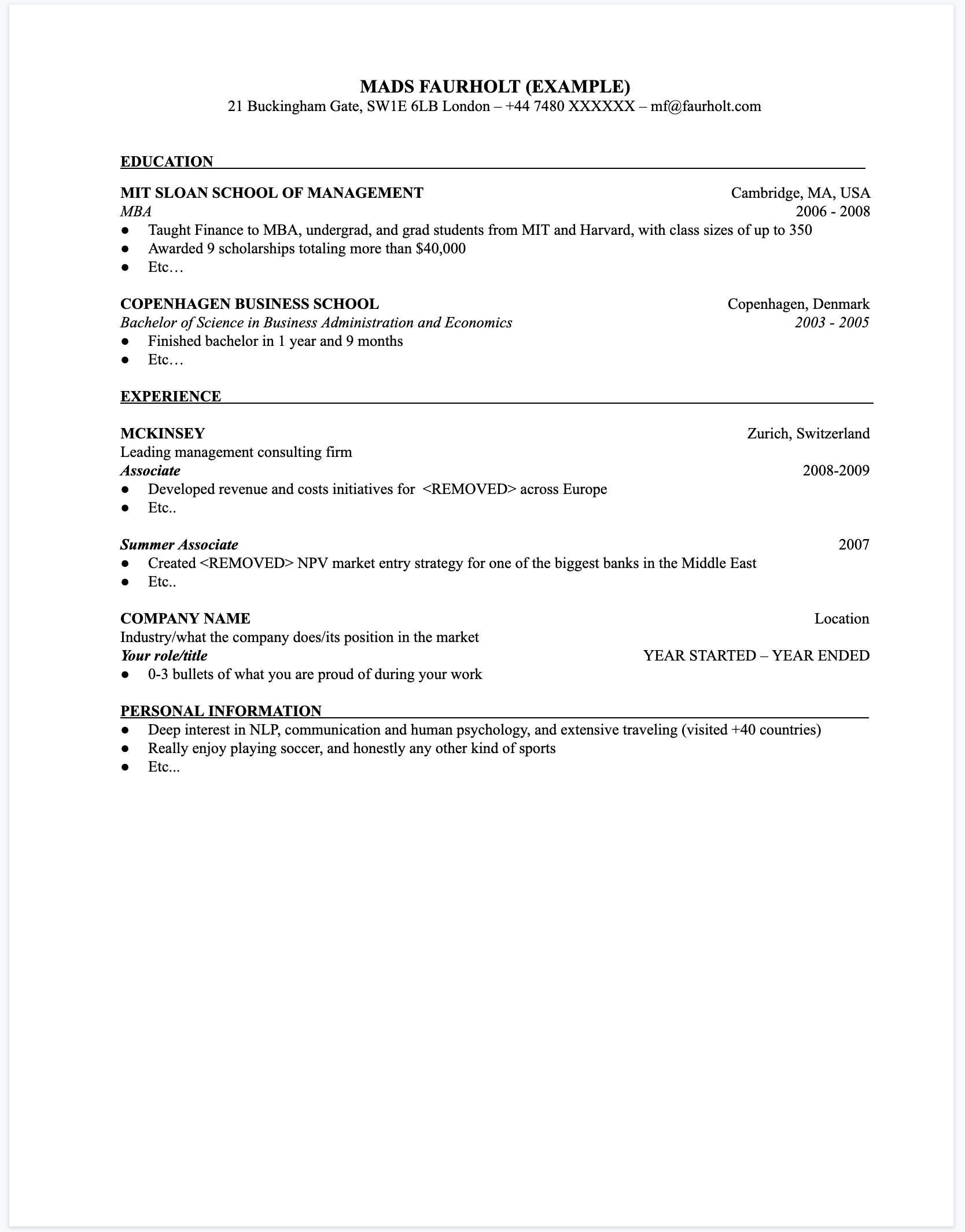 harvard business school resume template download