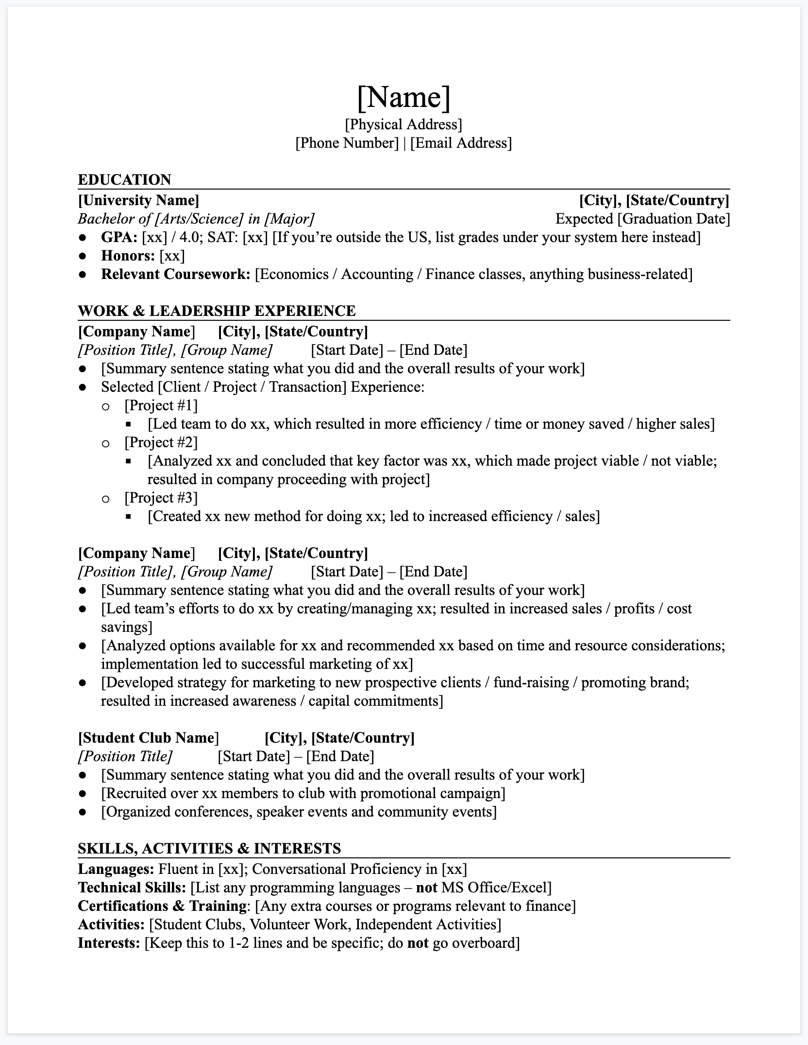 harvard business school resume template download