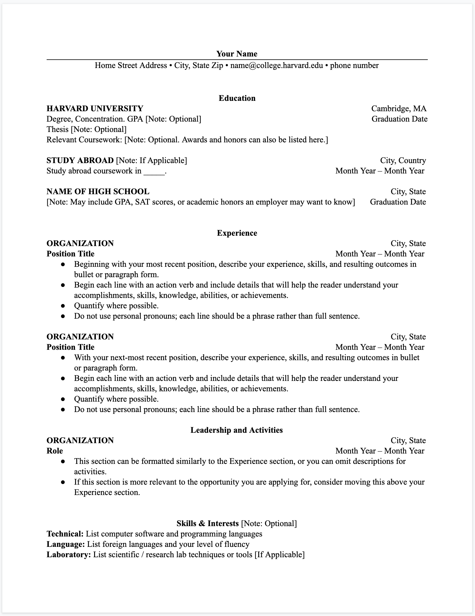 harvard business school resume template download